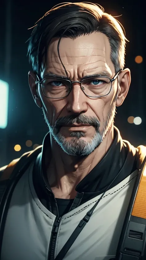 High quality portrait of Gordon Freeman from HL2. Art by Makoto Shinkai, Crunchyroll, pixiv, danbooru, HD, headshot, cinematic still, detailed anime face, bokeh, digital art, cel shading, vivid colors, ambient lighting