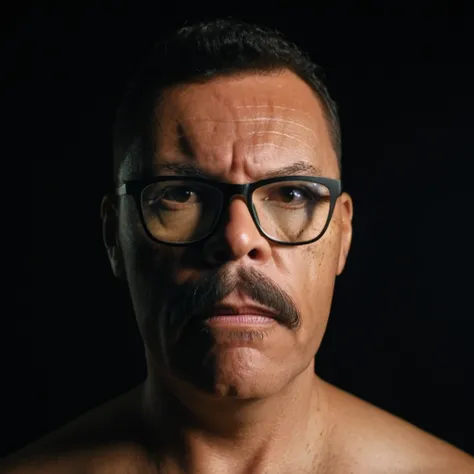 Professional raw 3x4 portrait of a man with glasses, (mustache:1.5), yellow t-shirt, dramatic lighting, black background, sharp focus, high contrast, cinematic quality, moody atmosphere, chiaroscuro technique, piercing gaze, rimless rectangular glasses, fu...