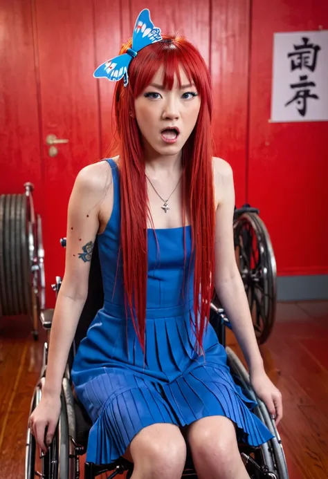 Uhd, photo of Cami, subject: Noriko, 1/2 Japanese 1/2 Hainu skinny girl in a 2/0 large wheelchair with long red hair and fringe, blue+++ eyes, oval face, LGBTQIA+, queer, punk style, wearing 1/3 long red dress, buttefly hairclip, tattooes.  She has a very ...