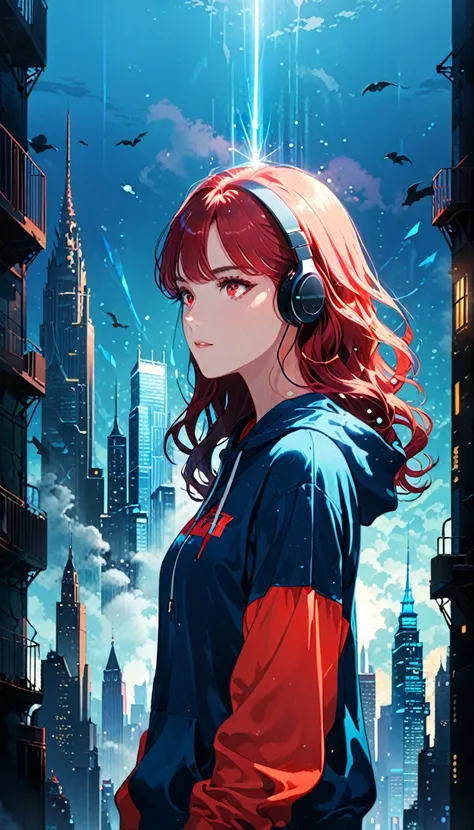 (artist：Jack Hughes:1.4),1 Girl,(Long wavy hair:1.3),(bright city View pattern on clothes:2.1),Wide hood,hoodie,(earphone:1.2),Silhouette,
(Skyline:1.2),(city View:1.4),(A large iron tower:1.3),Stand at the top of the tower,lavenderblush theme,(darkness:1....