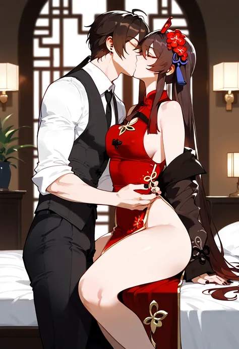 anime artwork, score_9, score_8_up, score_7_up, score_6_up, score_5_up, score_4_up, hu tao, she is 24 years old, style_3, sitting,,,,,,,Hes taller than her,,, , 1boy, zhongli, breast grab, they are kissing, indoors, floox style,