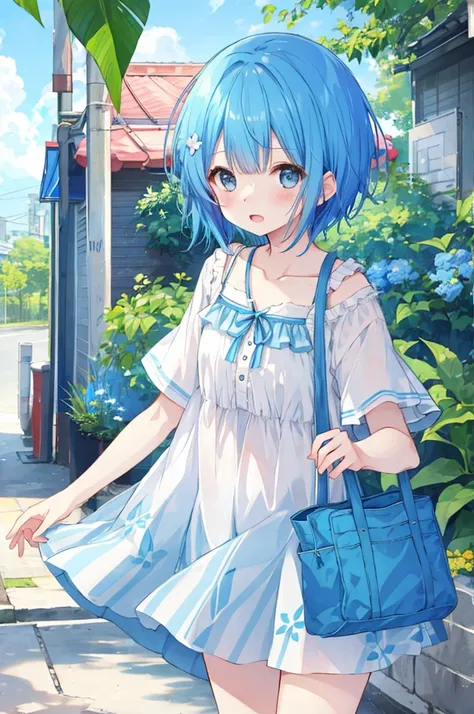 Girl、Blue hair short、Summer clothes、Embarrassed