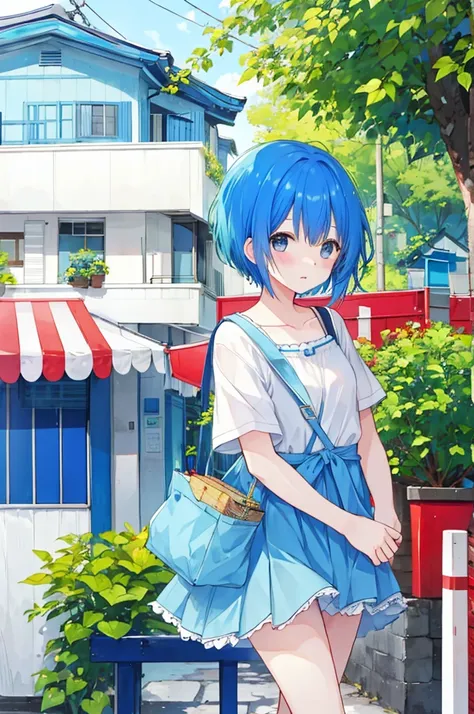 Girl、Blue hair short、Summer clothes、Embarrassed