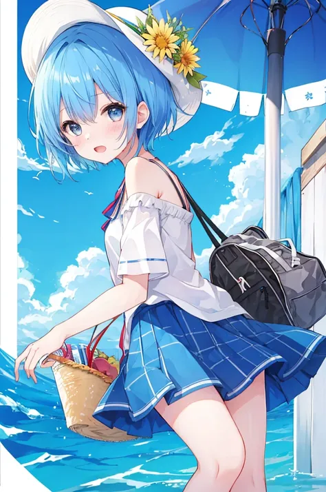 Girl、Blue hair short、Summer clothes、Embarrassed