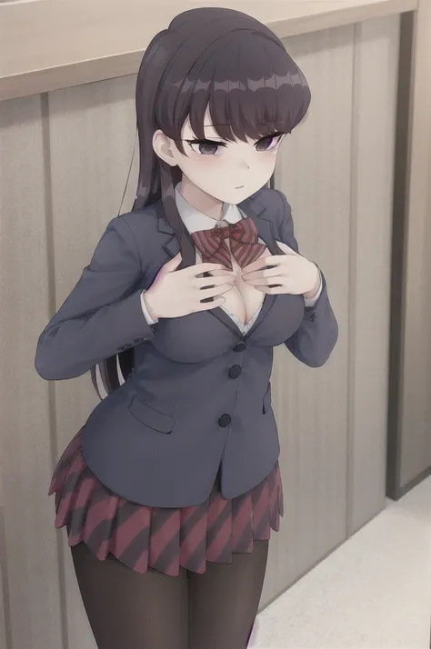 masterpiece, best quality, 1girl, solo, komi-san wa komyushou desu, ks , blue jacket, white shirt, striped bowtie, red skirt, sexy position, medium breasts, cute, black pantyhose, (((Grab your chest with both hands))), looking at viewer, (classroom), cowbo...