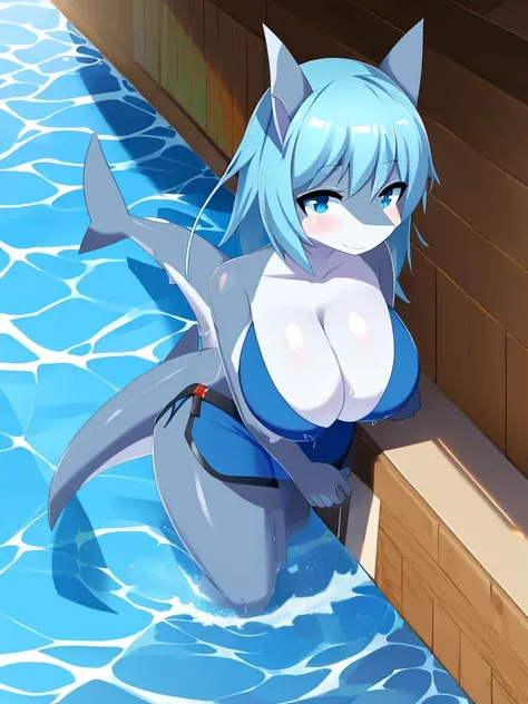 shark girl, furry, Shark tail, cute molecule, big breasts, good quality, Resolution, good face, The desired good image, running water, good shadow details, shade,Wet,