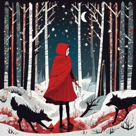 Folk Art Style Illustrations,Little Red Riding Hood is very small,carries a huge pie,Terrible Dense Forest,night,stars,Northern lights,behind her is a huge wolf with rotten teeth, drooling,blood