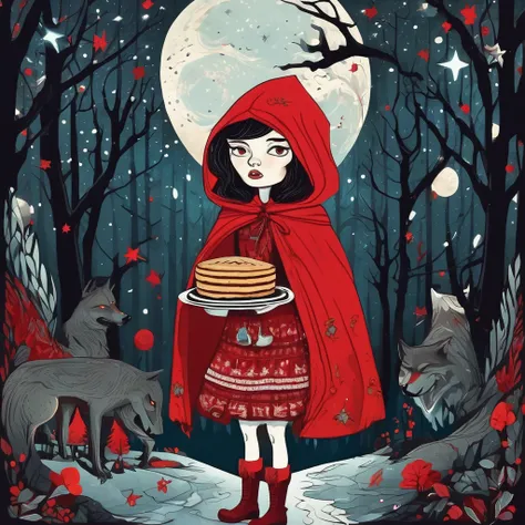 Folk Art Style Illustrations,Little Red Riding Hood is very small,carries a huge pie,Terrible Dense Forest,night,stars,Northern lights,behind her is a huge wolf with rotten teeth, drooling,blood