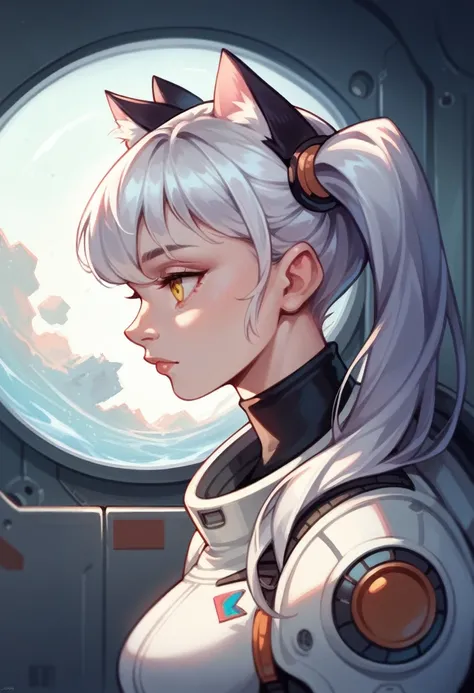 masterpiece, Highest quality, One girl, Inside the spaceship, Spacesuit, Upper Body, From the side, sf, Yellow Eyes, Twin tails, Silver Hair, Cat ear, View your viewers,