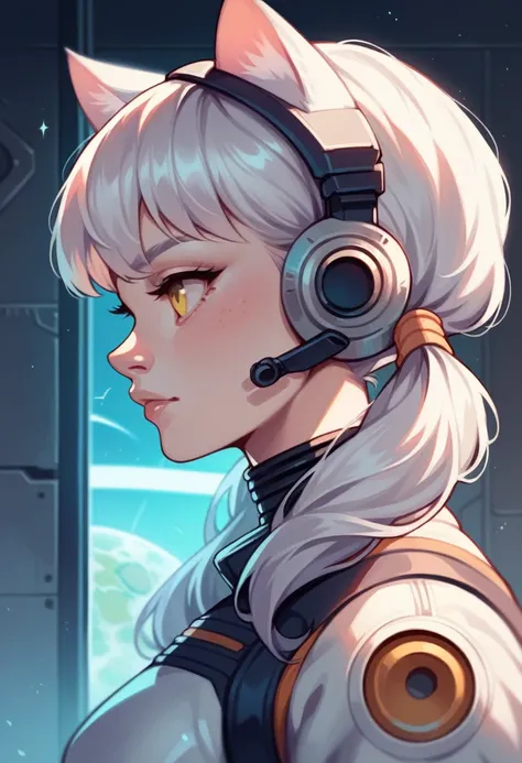 masterpiece, Highest quality, One girl, Inside the spaceship, Spacesuit, Upper Body, From the side, sf, Yellow Eyes, Twin tails, Silver Hair, Cat ear, View your viewers,