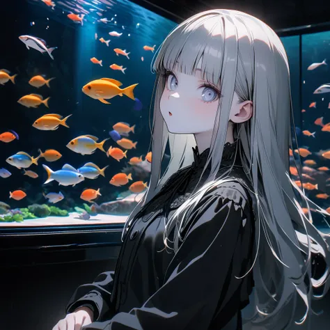 (8K, best quality, master piece: 1.2), super high resolution,1 girl,solo,16yo,ultra-detailed face,detailed eyes,silver eyes,blunt bangs,silver hair,Straight hair,Long hair,pale skin,white long sleeve petal collar blouse,ティアードスカート,black Fascinator,ash exten...