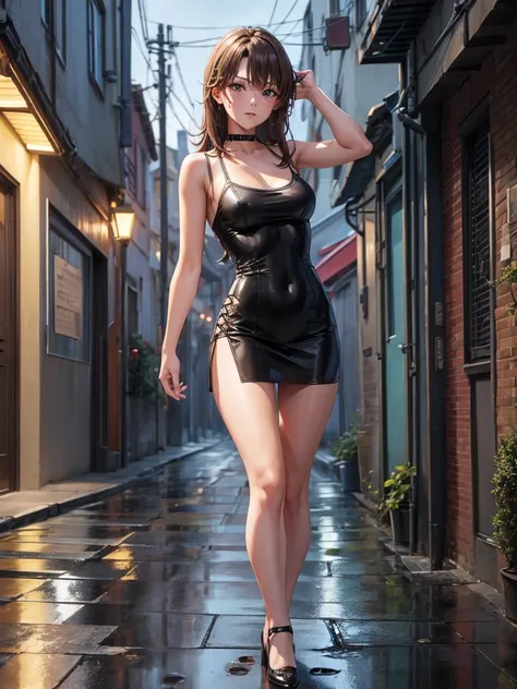 girl, short tight dress, black thong, street background, openlegs, night, narrow alley between houses, night, rain,