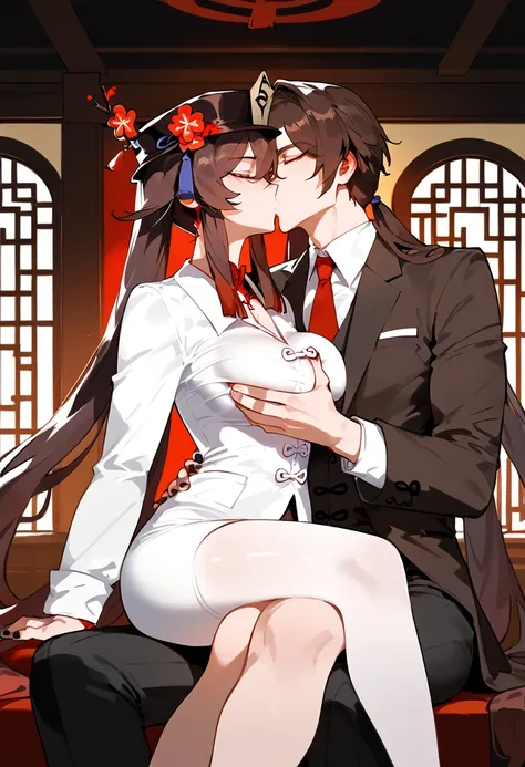 anime artwork, score_9, score_8_up, score_7_up, score_6_up, score_5_up, score_4_up, hu tao, she is 24 years old, style_3, sitting,,,,,,,Hes taller than her,,, , 1boy, zhongli, breast grab, they are kissing, indoors, floox style,