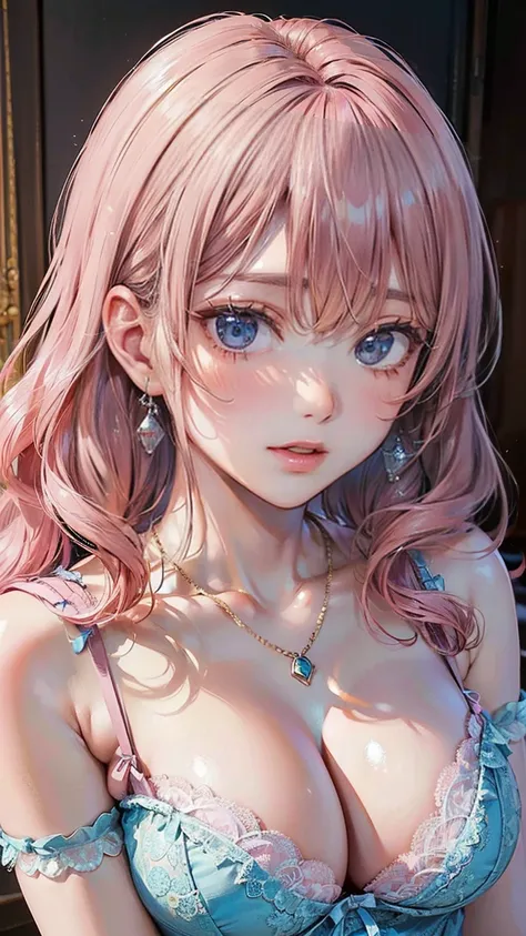 (Masterpiece, BestQuality:1.3), (ultra detailed:1.2), (hyperrealistic:1.3), (RAW photo:1.2), High detail RAW color photo, professional photograph, (Photorealistic:1.4), (realistic:1.4), (Pink Hair:1.5), professional lighting, perfect anatomy, (Big Breasts:...