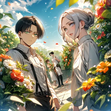 Ultra detailed, Highres, absurdres, HDR, Levi Ackerman, black hair, grey eyes, Shingeki No Kyojin, extremely handsome, 1 man with 1 woman who have white hair and green eyes, the woman is part of the squad,  green leaves, flowers and petals, summer