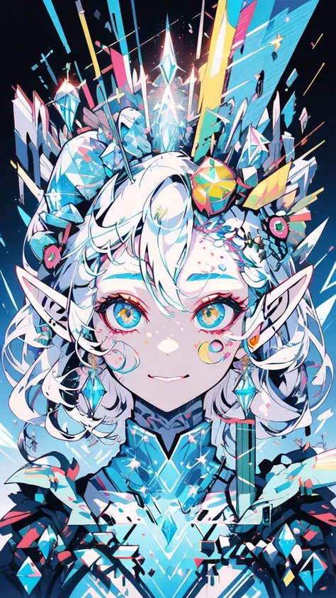 (half body portrait of an ice elf:1.2), medium length elf ears, pointy ears,ice around, frosty theme,( shiny yellow eyes:1.2), light cold smile, arrogant facial expression, sexy Russian style costume, Blue crystal jewelry, icy blue glowing tattoos,Detailed...