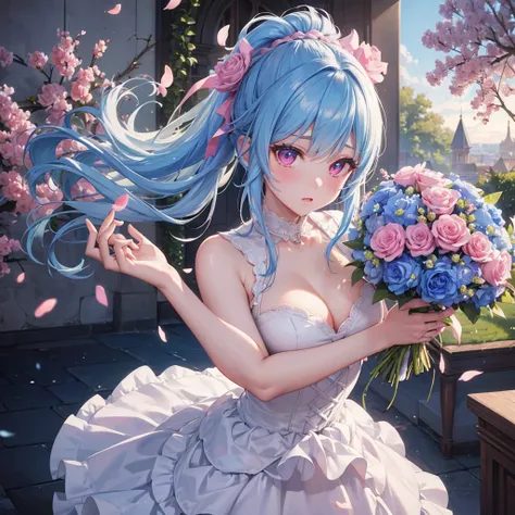 Sky blue hair, (One braided ponytail),(Pink Eyes),Fair skin ,(whole body),(One girl),bride,(Ahegao),Straight bangs, 6月のbride,Wedding dress,(masterpiece, Highest quality, Very detailed, Best Shadow), (Detailed Background), (Beautifully detailed face), High ...