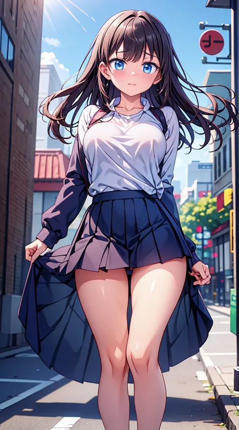 1woman,dark brown hair,Long wavy hair、uma mulher de 20 anos、((Impatient expression)),Beautiful Medium Large、white  shirt,navy blue pleated mini skirt,well styled,,(facing the front)(((blush cheeks、embarrassed expression)),(((The skirt is rolled up by the w...