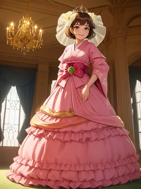 masterpiece, best quality:1.2), 1girl, smile, looking at viewer, green eyes, short brown hair, princess, princess dress, wearing puffy pink ballgown skirt reaching the floor, green kimono, golden tiara with veil, standing in ballroom of medieval castle