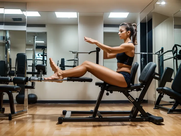 a woman doing exercise in a fitness gym, she is sitting on an extension chair, elevating her feet. exercising with legs, wide an...