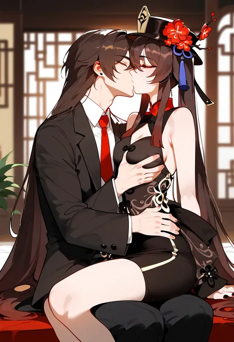 anime artwork, score_9, score_8_up, score_7_up, score_6_up, score_5_up, score_4_up, hu tao, she is 24 years old, style_3, sitting,,,,,,,Hes taller than her,,, , 1boy, zhongli, breast grab, they are kissing, indoors, floox style,