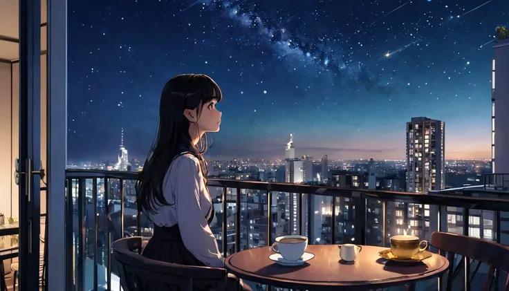 A girl is gazing at the stars on the balcony of a high-rise apartment building. There is a table on the balcony, and a teacup on the table.