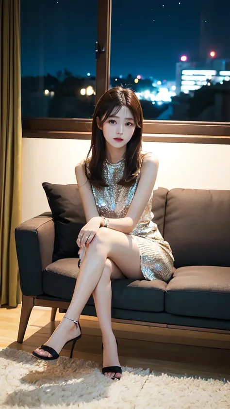 Luxury、The background is a night view、I can see her 、Looking at me、With legs apart、There is a sofa in the back