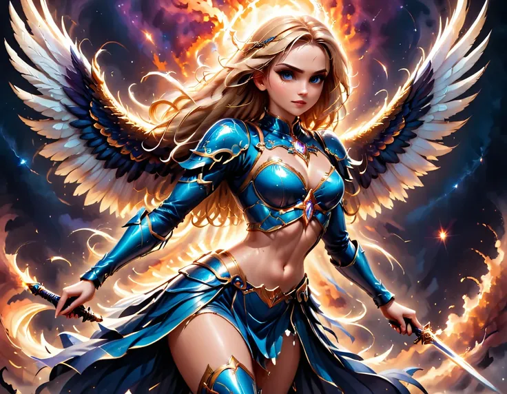 a ((medieval masterwork fresco art: 1.5)) Italian renaissance style, of a female angel knight, spread angelic wings, soft light, full body shot, ultra detailed face, determined expression, angel of justice and vengeance, blond hair, long hair, dynamic hair...