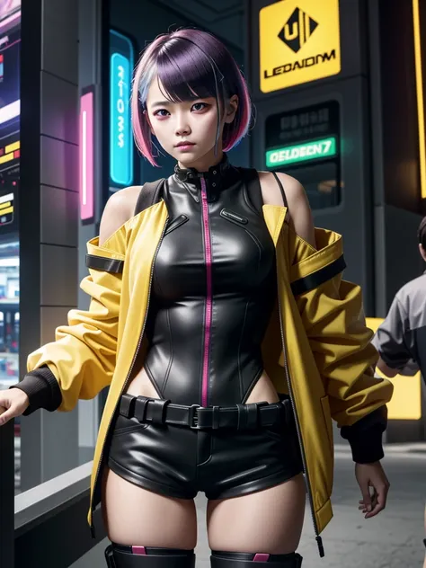 lucyedge, 1girl, lucy (cyberpunk), jacket, solo, cyberpunk, multicolored hair, yellow jacket, leotard, bangs, breasts, red eyeli...