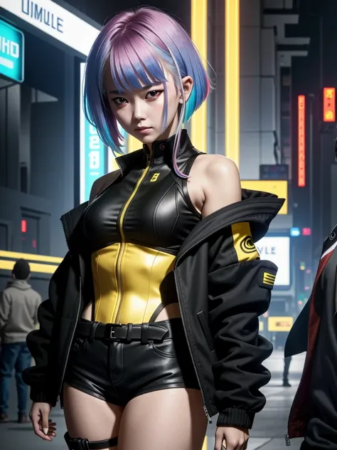 LucyEdge, 1girl, lucy (cyberpunk), jacket, solo, cyberpunk, multicolored hair, yellow jacket, leotard, bangs, breasts, red eyeliner, short hair, looking at viewer, makeup, open clothes, bare shoulders, shorts, open jacket, cyborg
camel toe, มองเห็น ทะลุ เส...