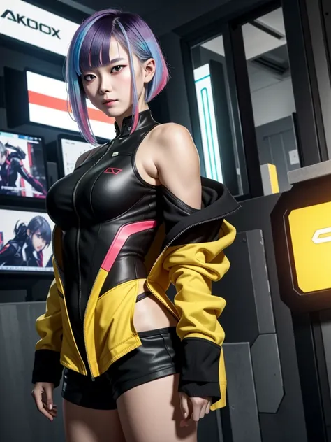 LucyEdge, 1girl, lucy (cyberpunk), jacket, solo, cyberpunk, multicolored hair, yellow jacket, leotard, bangs, breasts, red eyeliner, short hair, looking at viewer, makeup, open clothes, bare shoulders, shorts, open jacket, cyborg
camel toe, มองเห็น ทะลุ เส...