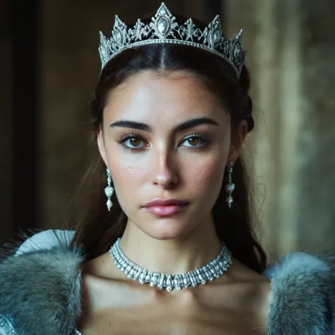 mabeer, (Skin texture, pores, blemishes), Super high res portrait photo of an actress dressed as a medieval queen with a delicate tiara on her head,f /2.8, Canon, 85mm,cinematic, high quality, skin texture, looking at the camera, skin imperfections,  