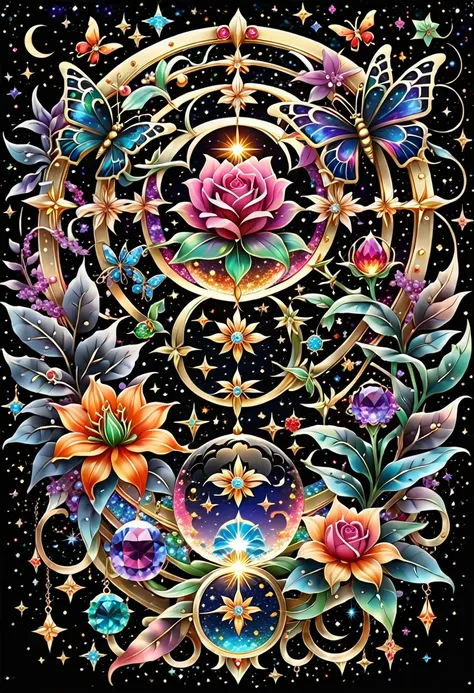 Deep black space background、star、惑star、the sun and the moon、colorful paint splash、Cute glitter vector graphic design featuring intricate and complex symbols with the ethereal beauty of the celestial palace known as the Galactic Citadel, Surrounded by brigh...