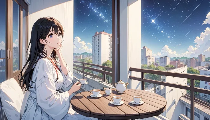 A girl is gazing at the stars on the balcony of a high-rise apartment building. There is a table on the balcony, and a teacup on the table.