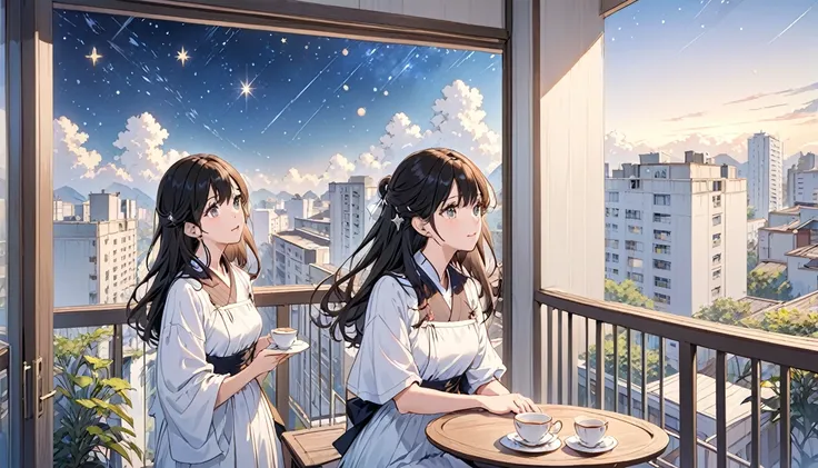 A girl is gazing at the stars on the balcony of a high-rise apartment building. There is a table on the balcony, and a teacup on the table.