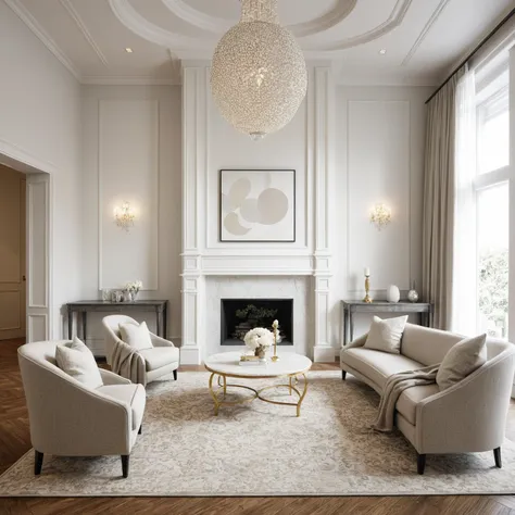 Interior Design, curved arch interior design, neoclassic mix minimalist style design interior, (curved sofa:1.2), (curved ceiling:1.2), a modern interior of a house with a high ceiling, featuring a mix of white and beige furniture, a large chandelier, and ...