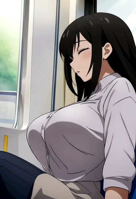 Long black hair anime girl sitting on a train with her eyes closed, (SFW) Safe at Work, [ 4k digital art ]!!, Digital anime illustration, Half Yamada, Smooth anime CG art, I sat on the train, Enchanting anime girl, Tokyo Anime Scene, have large breasts, Di...