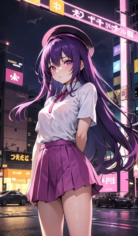 masterpiece, Highest quality, fullnaked,One girl, Purple Hair,Pink Eyes, Long Hair,(Small breasts),Are standing on street, (Collared T-shirt), Underwear Straps, Pink Skirt, Front view, Are standing,City Night, Neon Light,  Background Tokyo Street, taxi, Da...