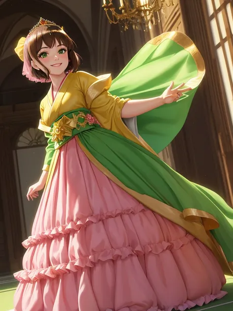 masterpiece, best quality:1.2), 1girl, smile, looking at viewer, green eyes, short brown hair, princess, princess dress, wearing puffy pink ballgown skirt reaching the floor, green kimono, golden tiara with veil, standing in ballroom of medieval castle