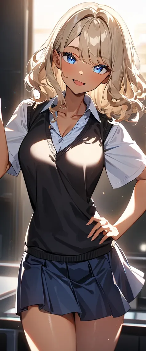 (((One girl))), ((tanned skin:1.3)), blond hair, inwardly curled hair, ((sunglasses, hand to sunglasses)), open mouth, stick out tongue, ((one hand on hip)), ((bob cut:1.3, wavy hair)), Heavy makeup, breasts, (cowboy shot), standard body, (looking at viewe...