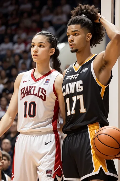 basketball player, with 1,75 tall and white and black Cruz , number 07. Curly hair tied into a ponytail and reddish yellow eyes.