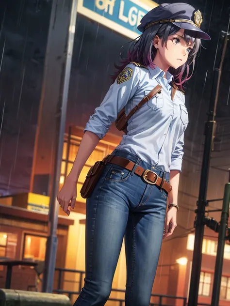 Girl, Jersey, blue jeans pants, police station background, night, rain, slim body, Pistol in a holster on the belt 