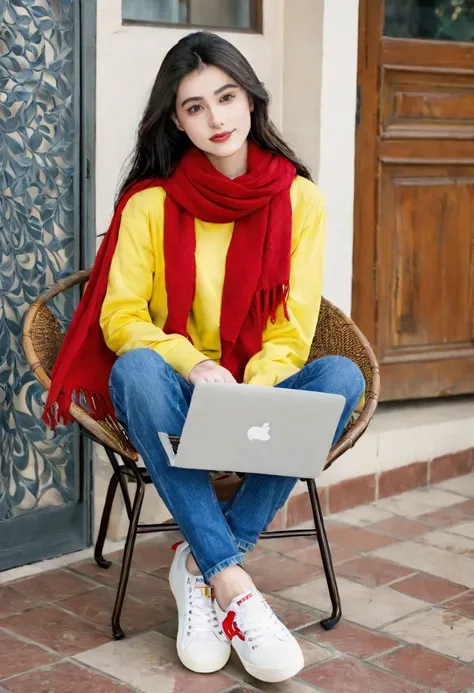 Create a beautiful 30 years old girl , wearing yellow shirt, Blue jeans, Red Scarf, white and red sneakers, sitting on a chair, using laptop