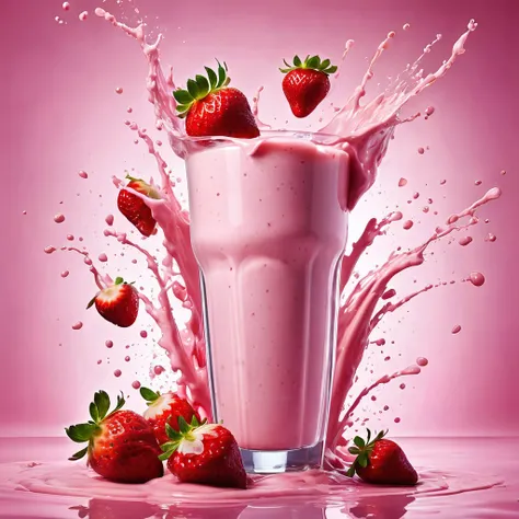 liquid splashing,falling fruit,the photo of the strawberry milk mix expresses visual beauty and appeal.. bright colors,mixed wit...