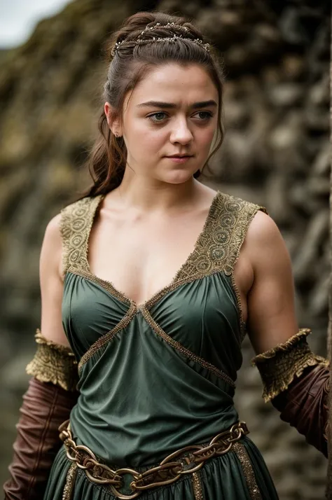 Foto RAW, Arya Stark, Stunning Beauty, Ravishing, Enchantress, Extremely gorgeous lady, Arya Stark PLAYED BY MAISIE WILLIAMS, Queen Arya Stark, she  a mature woman now, milf, sexy mediaeval battle dress, gladiator woman, body, 40 years old Woman, Roman sla...