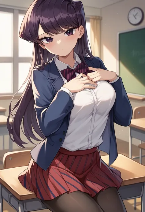 masterpiece, best quality, 1girl, solo, komi-san wa komyushou desu, ks , blue jacket, white shirt, striped bowtie, red skirt, sexy position, medium breasts, cute, black pantyhose, (((Grab your chest with both hands in aggressive way))), looking at viewer, ...