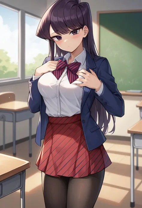 masterpiece, best quality, 1girl, solo, komi-san wa komyushou desu, ks , blue jacket, white shirt, striped bowtie, red skirt, sexy position, medium breasts, cute, black pantyhose, (((Grab your chest with both hands in aggressive way))), looking at viewer, ...