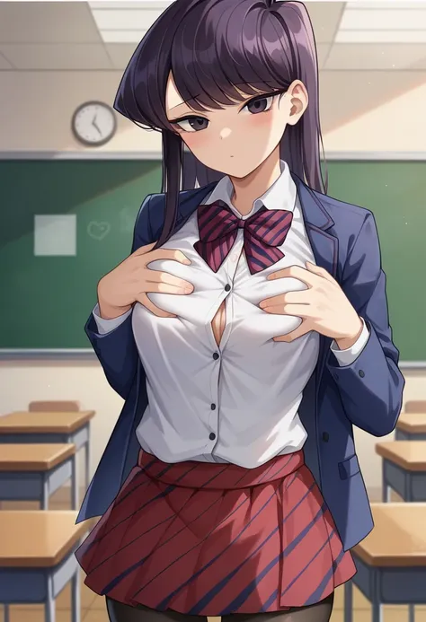 masterpiece, best quality, 1girl, solo, komi-san wa komyushou desu, ks , blue jacket, white shirt, striped bowtie, red skirt, sexy position, medium breasts, cute, black pantyhose, (((Grab your chest with both hands in aggressive way))), looking at viewer, ...