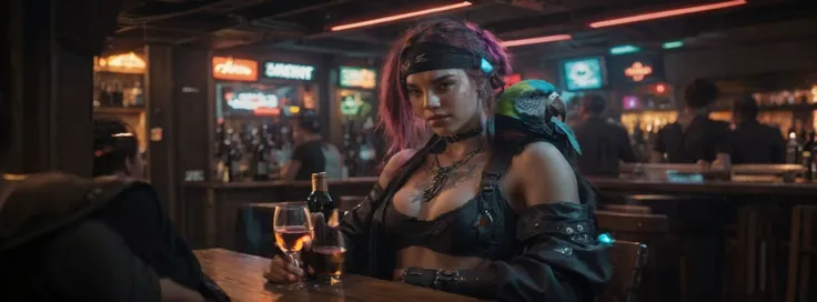 A young pirate woman drinking wine in a Cyberpunk bar, she has a parrot on shoulder