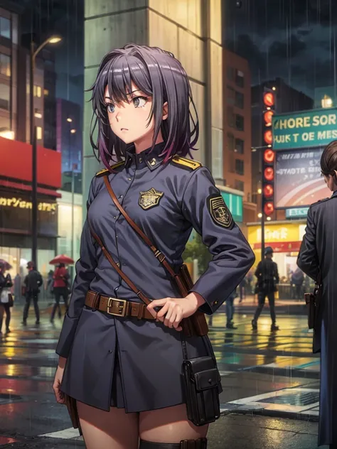 Girl, swat uniform, street background, night, rain, slim body, Pistol in a holster on the belt 